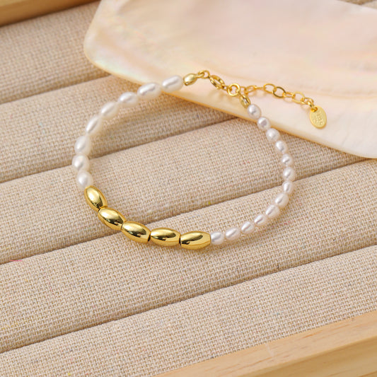 Asymmetry Oval Natural Pearl Beads 925 Sterling Silver Bracelet