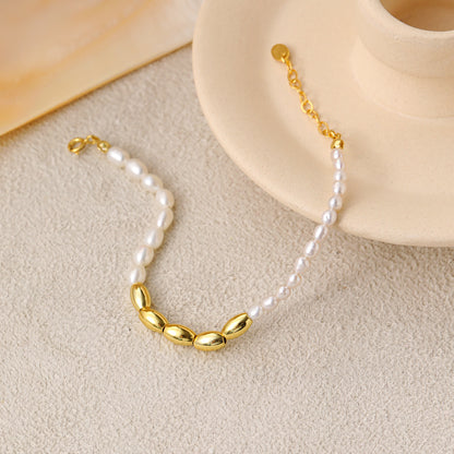 Asymmetry Oval Natural Pearl Beads 925 Sterling Silver Bracelet