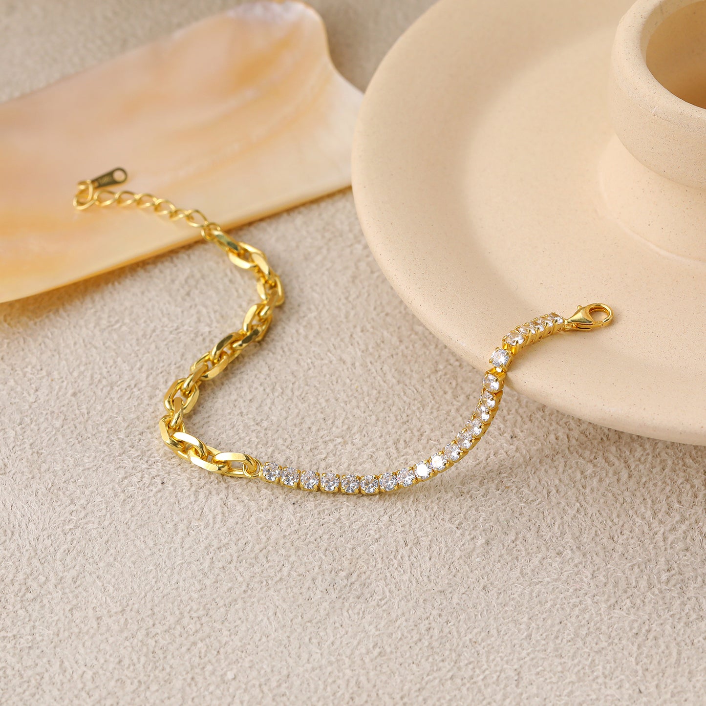 Simple Hollow Chain CZ Mounting 925 Sterling Silver Bracelet