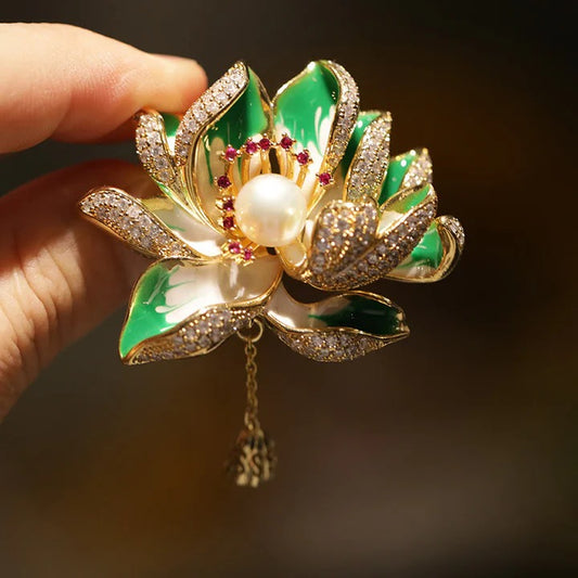 İnci Detaylı Lotus Çiçeği Bakır Broş